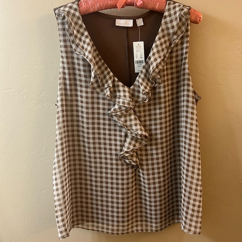 NWT NEW YORK & COMPANY |  Brown Gingham Ruffle V-Neck Chiffon Front Tank Top